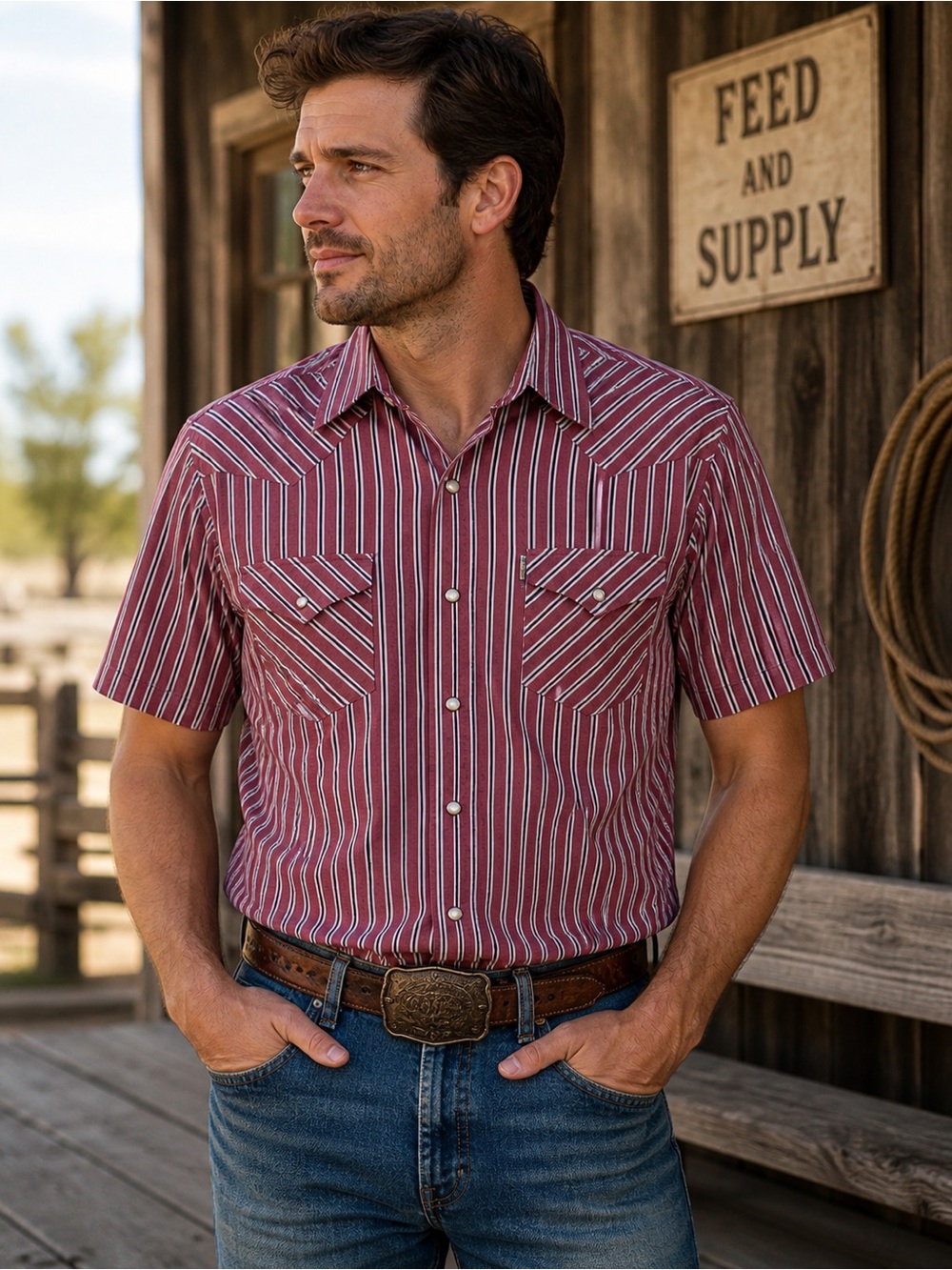 VTG Western Shirt ELY Cattleman Mens Medium Red Striped Pearl Snap Cowboy Rodeo